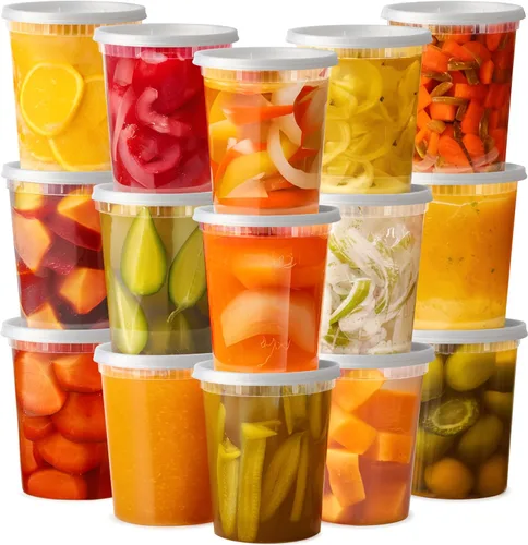 Pantry Value [32 onzas - 24 unidades] Recipientes de plástico para almacenamiento de alimentos con tapas, recipientes desechables de sopa con tapas
