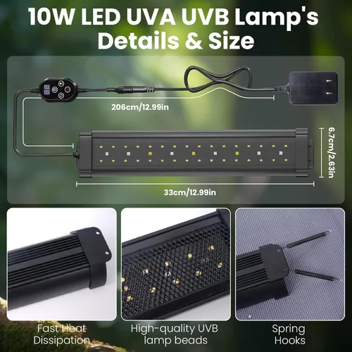 Miniatura 6 de GlowUp Luz LED UVB de 12 pulgadas de atenuación de 10 W para reptiles, UVB 20.0/10.0/5.0/luz morada, 3 modos de luz, temporizador, lámpara de reptil