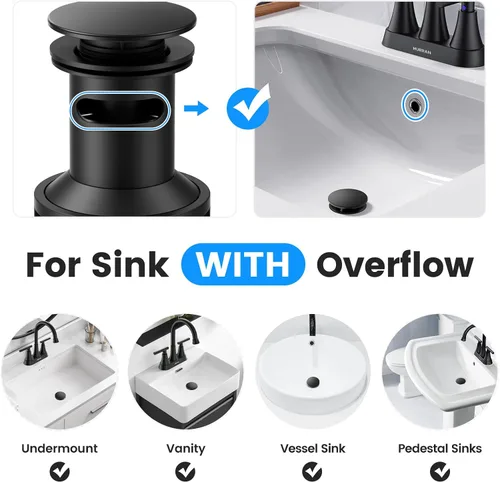 Miniatura 2 de Drenaje de lavabo de baño con desbordamiento, tapón universal para lavabo de baño, drenaje de plástico de drenaje rápido con colador 2 x negro mate