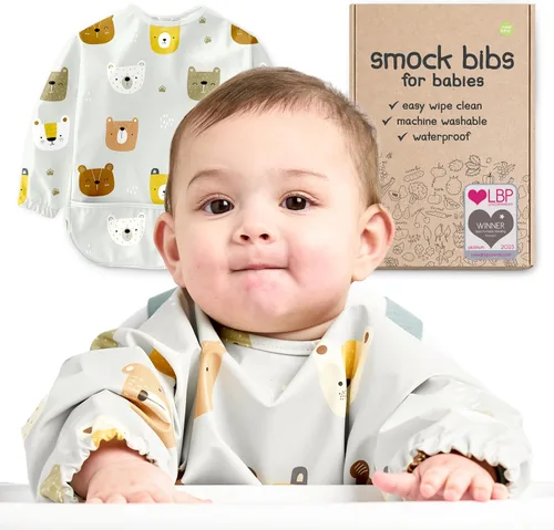 Baberos impermeables para comer (niño o niña de 6 a 24 meses) – Babero de manga larga para bebé destete 02 - Picnic de Ositos de Peluche (1 Pack)