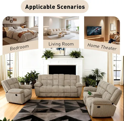 Miniatura 7 de Juego de sofá reclinable seccional con almacenamiento, juegos de muebles de pana para sala de estar, juego de sofá reclinable con portavasos, Beige