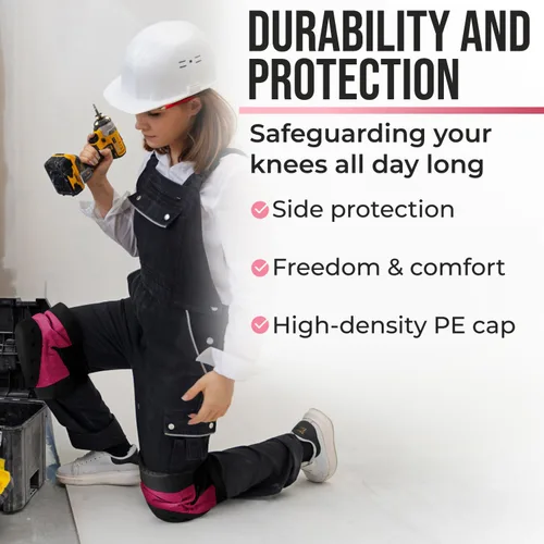 Miniatura 3 de PRO - Rodilleras estilo constructor para mujer con 3 niveles de protección, rosa, 1 par, tapa de plástico de soporte plano y cierres ajustables