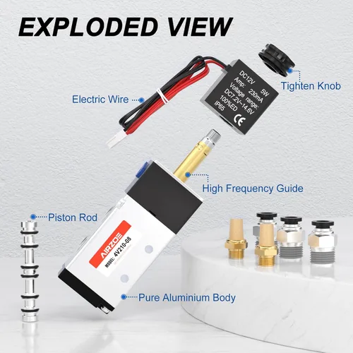 Miniatura 3 de AIRZOE 1/4 "NPT DC12V 2 posiciones 5 vías válvula solenoide, válvula solenoide eléctrica de bobina única operada por piloto (cable de salida)
