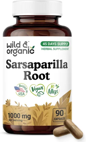 Wild & Organic Cápsulas de raíz de zarzaparrilla, apoyo para la piel y la desintoxicación, suplemento de extracto de raíz de zarzaparrilla de 1000