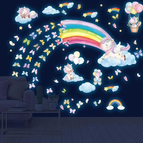 Miniatura 5 de Calcomanías de pared grandes arcoíris y unicornio que brillan en la oscuridad, calcomanías de pared de mariposas luminosas y estrellas brillantes