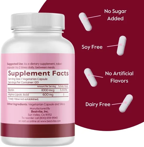 Miniatura 2 de BESTVITE Ácido alfa lipoico de alta resistencia, 600 mg (por cápsula) con biotina para mejorar la absorción (120 cápsulas vegetarianas), sin