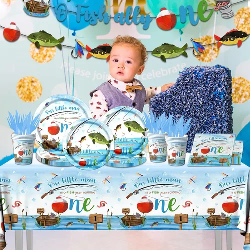 Miniatura 2 de Decoraciones de Cumpleaños Ofishally One, Suministros de Fiesta de Primer Cumpleaños Gone Fishing 142Pcs Nuestro Pequeño Hombre Está Ofishally
