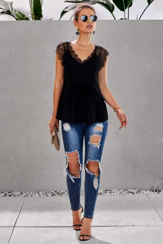 Miniatura 5 de Blusa de encaje con cuello en V para mujer, blusa casual sin mangas
