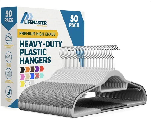 Lifemaster Juego de perchas de plástico para ropa, 50 piezas, versátiles, ligeras, que ahorran espacio, antideslizantes, de diseño delgado, juego de