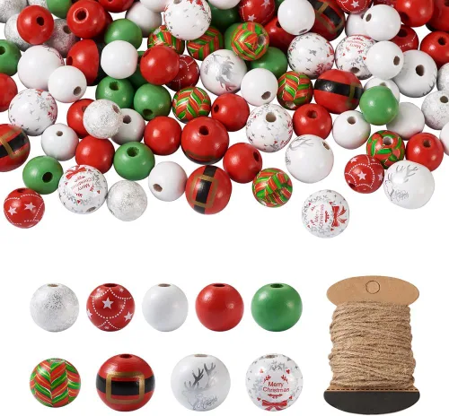 Miniatura 6 de 100 cuentas de madera de Navidad, árbol de Navidad, ciervos, copos de nieve, cuentas de madera natural, cuentas de madera rústica de 0.591-0.650 in