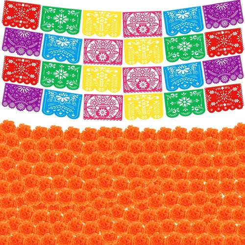 Cartel de fiesta mexicana de Halloween, 124 unidades, papel picado, Día de los Muertos, banderines de fiesta, Día de los Muertos, flores muertas,
