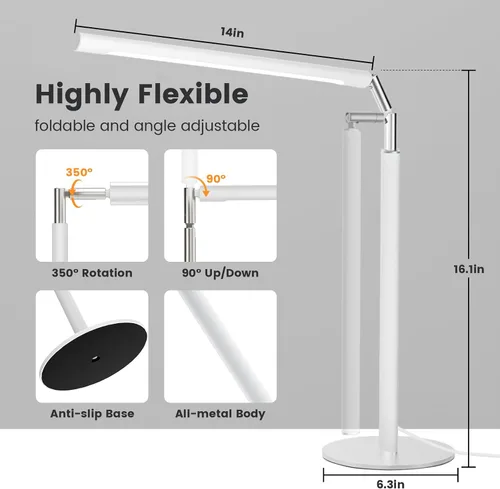 Miniatura 4 de Lámpara de Escritorio LED Blanca - Luz de Escritorio Industrial Plegable para Oficina en Casa, Lámpara de Mesa Regulable de 15W para Lectura