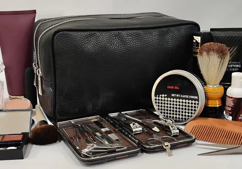 Miniatura 6 de Estuche hecho a mano de piel de búfalo auténtico. Neceser para juego de rasurar y cuidado personal para viaje ~ Regalo para hombres y mujeres., Negro