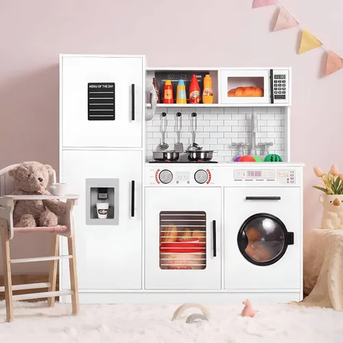 Miniatura 10 de MAMIZO Cocina de juego para niños, cocina de juguete de chef de madera de simulación con lavadora, dispensador de agua, estufa, sonido y luz reales