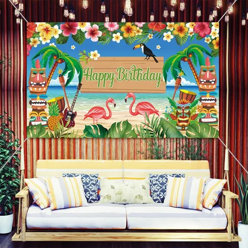 Miniatura 2 de KYMY Cartel grande hawaiano de Luau con texto en inglés "Happy Birthday", cartel de cumpleaños floral de verano con flamenco tropical de 70.8 x 43.3