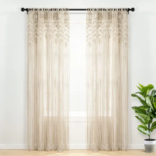 Lush Decor Panel de cortina de algodón con hojas de macramé bohemio para ventana, individual de 40 pulgadas de ancho x 84 pulgadas de largo, neutro