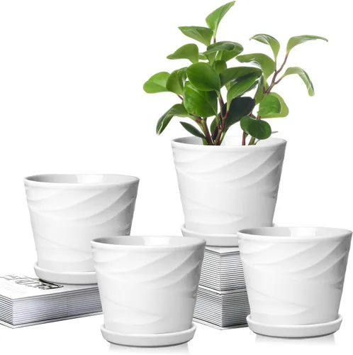 Miniatura 18 de Macetas de cerámica de 6 pulgadas, juego de 2, macetas con orificio de drenaje y platillo, macetas para plantas de interior, diseño moderno