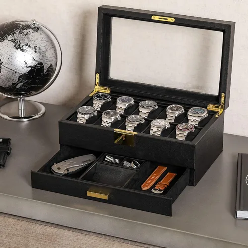 Miniatura 11 de ROTHWELL Caja de reloj de cuero de 10 ranuras con cajón de valet, organizador de exhibición de lujo con forro de microgamuza ultrasuave, soporte