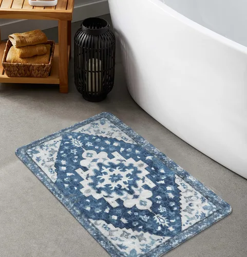 Uphome Alfombra de baño vintage, azul, bohemio, antideslizante, oriental, suave, lavable a máquina, lindas alfombras de baño tribales florales para