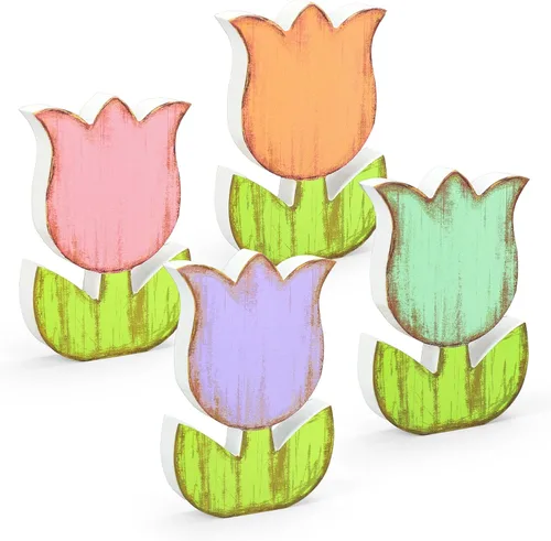 Whaline 4 letreros de mesa de madera con tulipanes de primavera, centro de mesa, rústico, pastel, colorido, floral, decoración para fiestas, hogar,