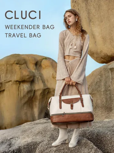Miniatura 2 de CLUCI Bolsa de fin de semana para mujer, de cuero, grande, con compartimento para zapatos, Beige con marrón.