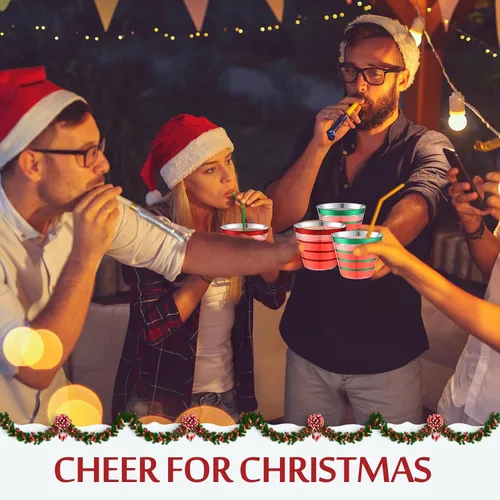 Miniatura 5 de Gejoy 100 vasos de plástico de 9 onzas con borde de Navidad a rayas, desechables a granel, vasos de plástico duro para beber, vasos para bodas, Rojo