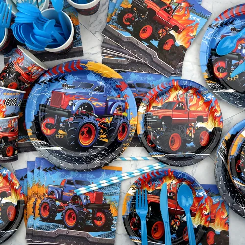 Miniatura 5 de KEFAN Suministros para fiesta de cumpleaños de Monster Truck, juego de decoraciones de fiesta de camión monstruo que incluye telón de fondo, platos