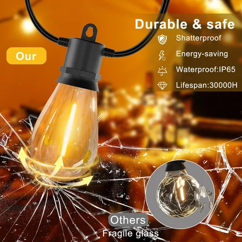 Miniatura 3 de Luces de Cadena para Exteriores 50 pies IP65 Impermeables Luces de Patio con 15 + 2 Bombillas LED Irrompibles Grado Comercial Luces de Cadena LED