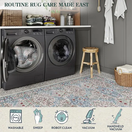 Miniatura 4 de Lahome Tapete floral lavable, suave, para entrada y cocina, 2 x 3 pies, antideslizante, bohemio, ultradelgado, fácil de limpiar, para interior, Azul