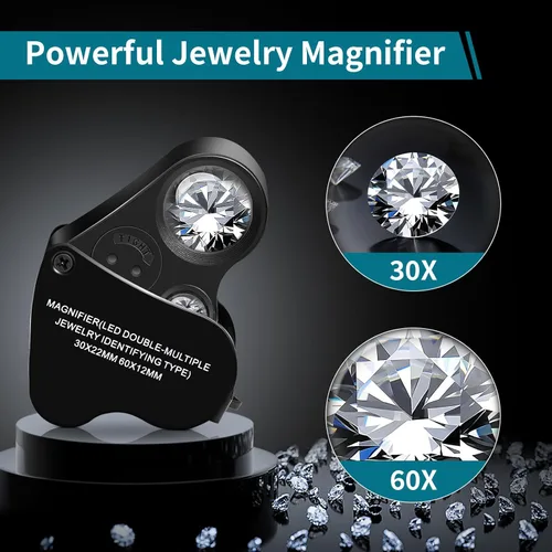 Miniatura 2 de Jarlink 30X 60X Lupa de ojo iluminada para joyeros, lupa plegable para joyería con luz LED brillante para gemas, joyas, monedas, sellos, etc Negro