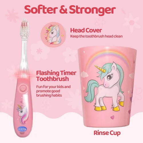 Miniatura 4 de Lily's Home Cepillo de dientes para niños con temporizador intermitente para niños con cerdas suaves, taza emergente y cubierta - Divertido cepillo