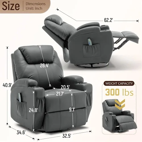 Miniatura 2 de Lazy Boy - Silla reclinable giratoria de 360° para adultos, mecedora con masaje y calor, mecedora manual con control remoto y soporte para tazas