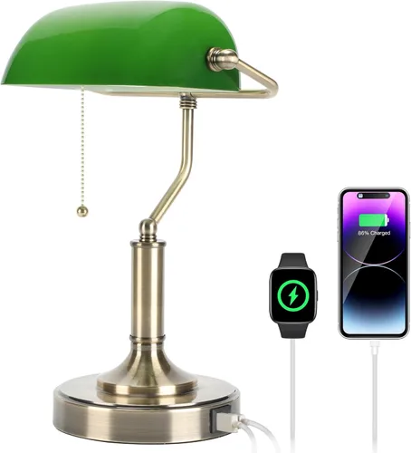 Miniatura 2 de LINNMON Bankers - Lámpara de escritorio verde con interruptor de cadena de tracción, lámpara retro con puertos de carga USB y tipo C, lámpara