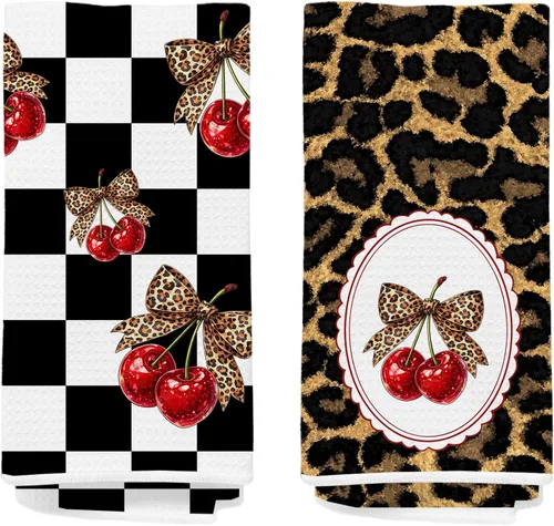 Miniatura 22 de Toallas de mano de cereza para cocina y baño – Toallas de té decorativas retro a cuadros en blanco y negro, accesorios de decoración de cocina