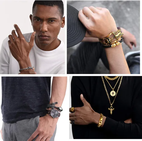 Miniatura 9 de U7 Pulseras góticas de calavera para hombres y mujeres, acero inoxidable, chapado en oro de 18 quilates, plata, negro, punk, esqueleto punk