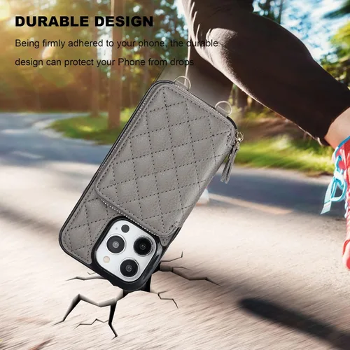 Miniatura 8 de Bocasal Funda tipo cartera cruzada para iPhone 14 Pro, bloqueo RFID, de piel sintética, con cremallera, funda tipo cartera con función atril y Gris
