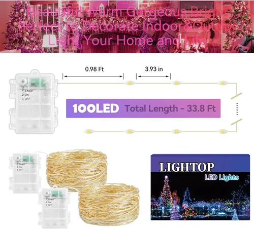 Miniatura 7 de Luces de Hadas Guirnalda de luces a pilas, paquete de 2 unidades, 100 LED, impermeable, alambre de cobre, luz de Navidad parpadeante