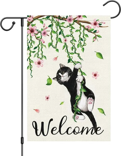 Louise Maelys Bandera de jardín de gato negro de primavera de 12 x 18 pulgadas, doble cara, arpillera pequeña flor floral para patio, exterior,