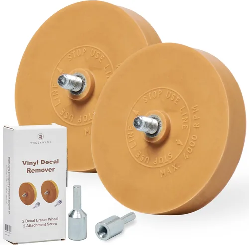 Wonder Wheel - Borrador de calcomanías para taladro, paquete de 2 ruedas de goma para una fácil extracción de vinilo, adhesivo y calcomanías,