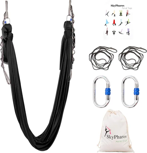 Miniatura 12 de Juego de columpio de yoga de seda aérea de 5.5 yardas - Kit de hamaca de yoga aérea antigravedad volador para fitness, tela de tricot de nailon