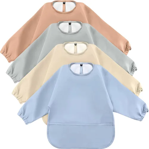 JaGely Paquete de 4 baberos de manga larga para bebé, impermeables, de manga larga, babero para comer, babero de alimentación con receptor de Varios