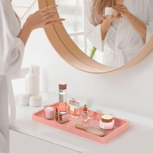 Miniatura 4 de Bandeja de tocador de baño para encimera, bandeja organizadora de bambú para tocador, inodoro, bandeja decorativa pequeña para perfumes, bandeja Rosa