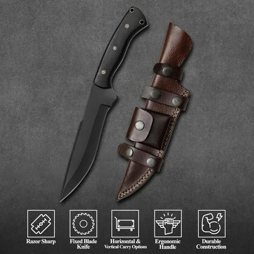 Miniatura 8 de HMC Cuchillo de transporte horizontal, hecho a mano, acero de alto carbono, espiga completa, para caza de ciervos, Bowie, cuchillo de hoja fija