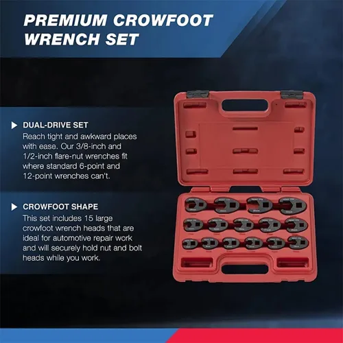 Miniatura 2 de Neiko 03324A, juego de llaves Crowfoot de 1/2" y 3/8”, 15 piezas, tamaños de llaves Crowfoot métricas de 8mm a 24mm, juego de llaves de tuerca