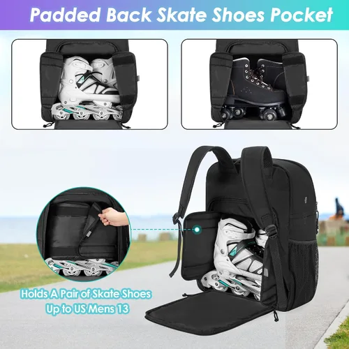 Miniatura 2 de GOBUROS Skate Bag Fits Up to Us - Mochila de patinaje con múltiples bolsillos para accesorios, bolsa de patinaje en línea para hombres y mujeres