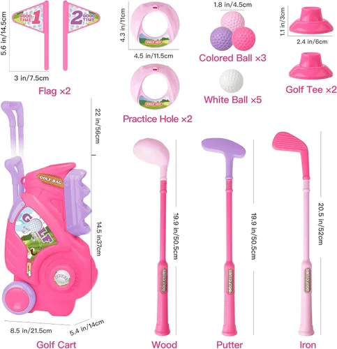 Miniatura 5 de Juego de golf para niñas y niños de 1, 2, 3, 4 años, carrito de golf mejorado para niños con 3 palos y 8 bolas, juguetes deportivos para interiores