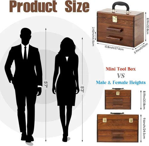 Miniatura 2 de Weysat Mini caja de herramientas de madera de 11 pulgadas con 2 cajones y almacenamiento superior, baúl de herramientas pequeño portátil con forro