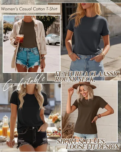 Miniatura 3 de Huukeay Paquete de 3 camisetas de algodón para mujer, estilo casual, de manga corta, cuello redondo, ajuste holgado, básica, lisa