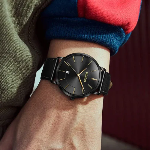 Miniatura 2 de OLEVS Brown Black Leahter Strap Quartz Analog Ultra Thin Minimalist Male Wrist Watches Waterproof Date Dial