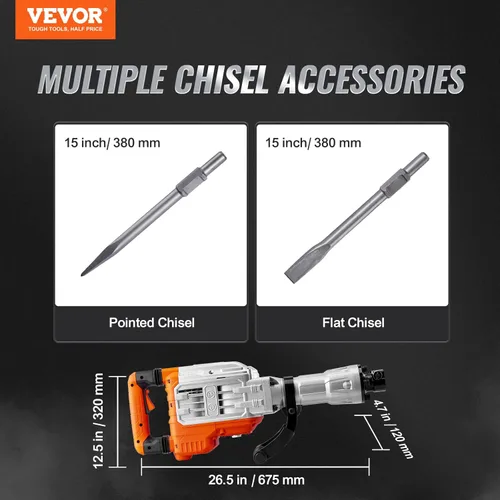 Miniatura 7 de VEVOR - Martillo eléctrico para demolición, de 3,500 W máximo y 1,900 BPM, con 2 cinceles, estuche, guantes y mango delantero giratorio de 360°